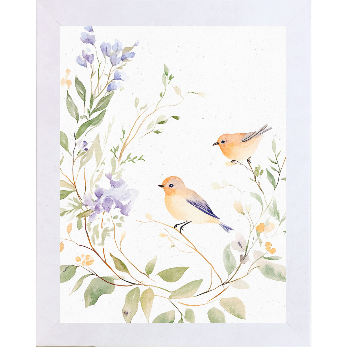 Watercolor Birds on Floral Branch Framed Wall Art – Soft Neutral Nature Decor, Bird Illustration (SB195)