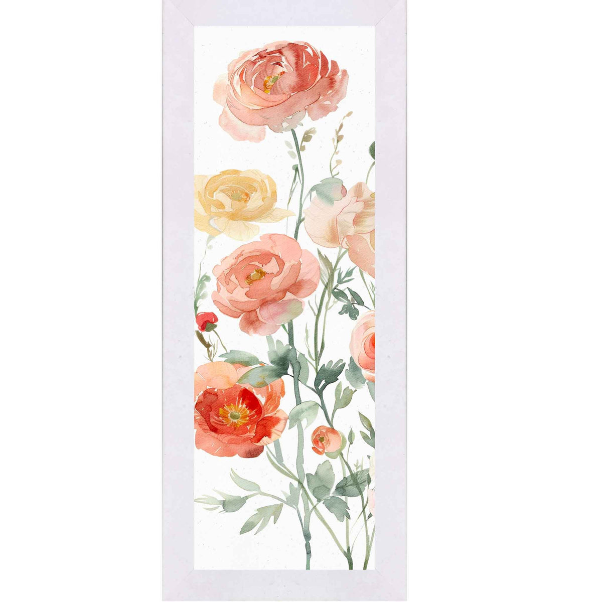 Blush Ranunculus Garden – Vertical Watercolor Floral Wall Art – Slim Botanical Framed Decor 8x20 to 14x40 (SB911)