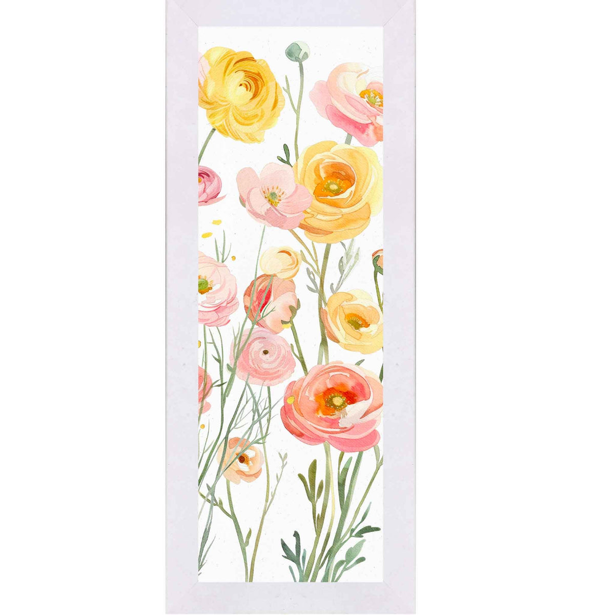 Golden Ranunculus Meadow – Vertical Watercolor Floral Wall Art – Slim Botanical Framed Decor 8x20 to 14x40 (SB912)