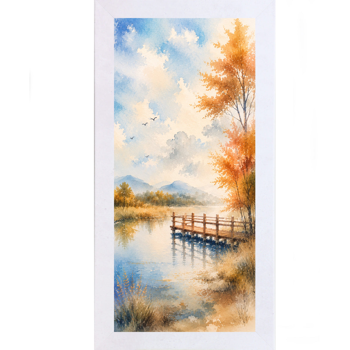Autumn Pier Watercolor Wall Art – Tall Portrait Lake Scenic Landscape Decor (SB763)