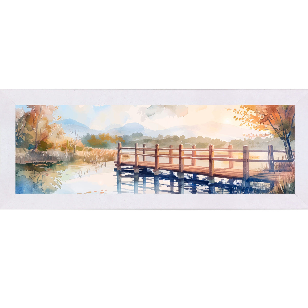 Autumn Pier Watercolor Wall Art – Wide Panoramic Lake Bridge Landscape Decor (SB943)
