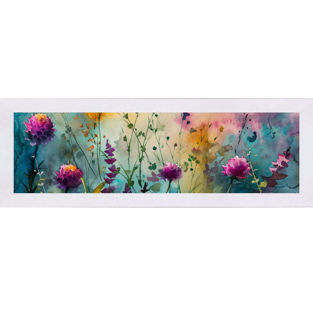 Teal Wildflower Wall Art – Watercolor Botanical Wide Landscape Floral Decor (SB932)