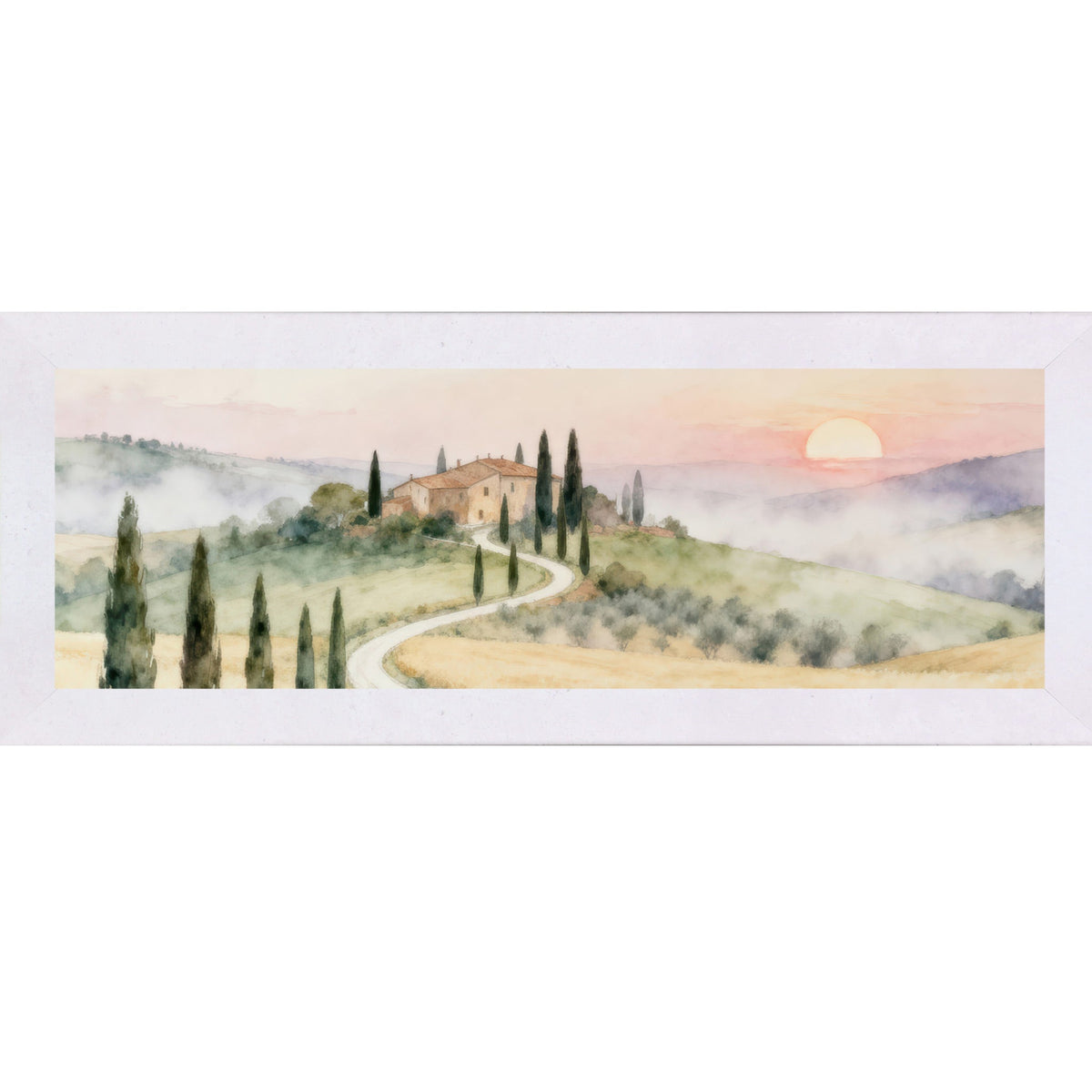 Tuscan Sunrise Road Wall Art – Watercolor Italian Countryside Wide Landscape Decor (SB925)