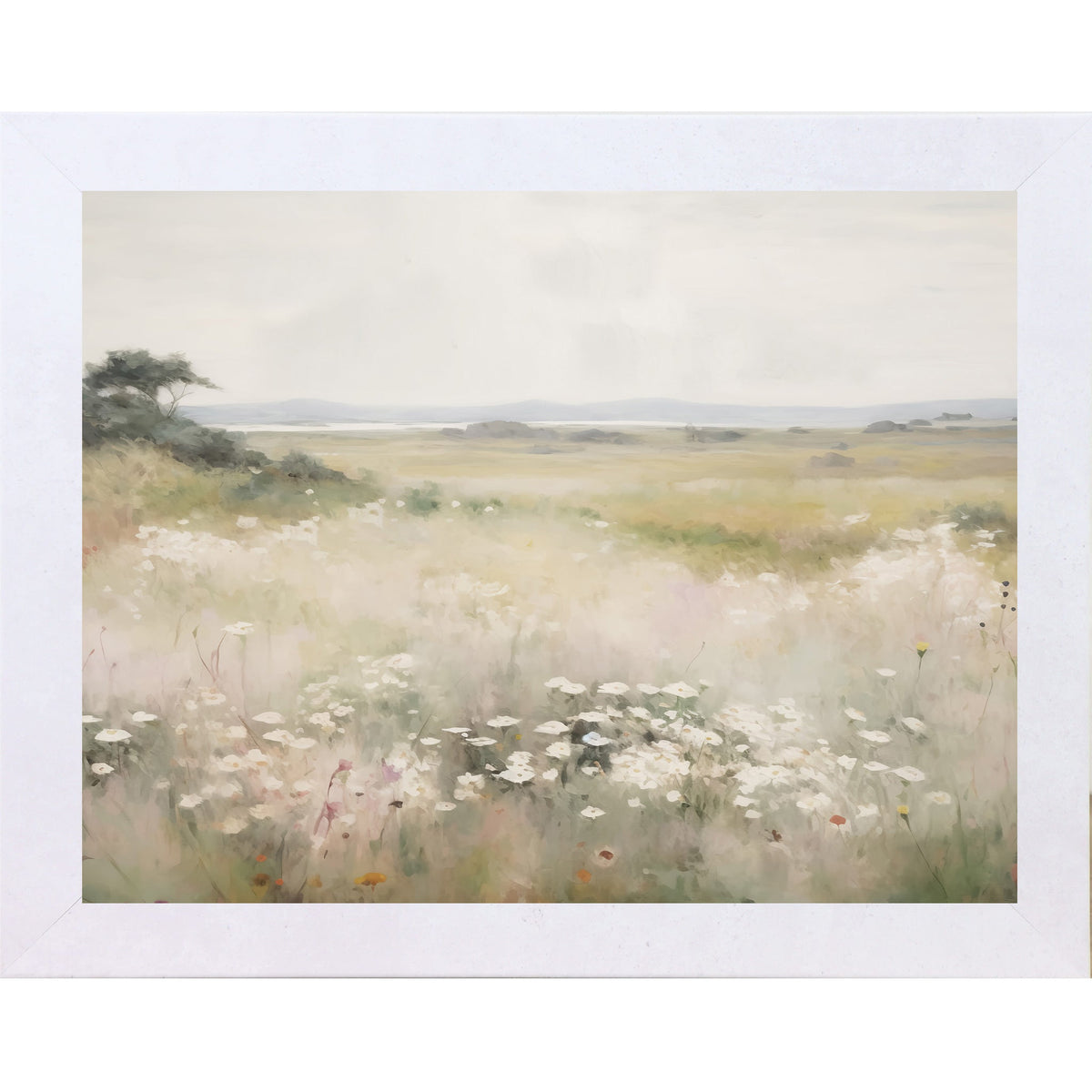 Wildflower Meadow Wall Art – Watercolor White Flowers Coastal Landscape Neutral Floral Decor (SB225)
