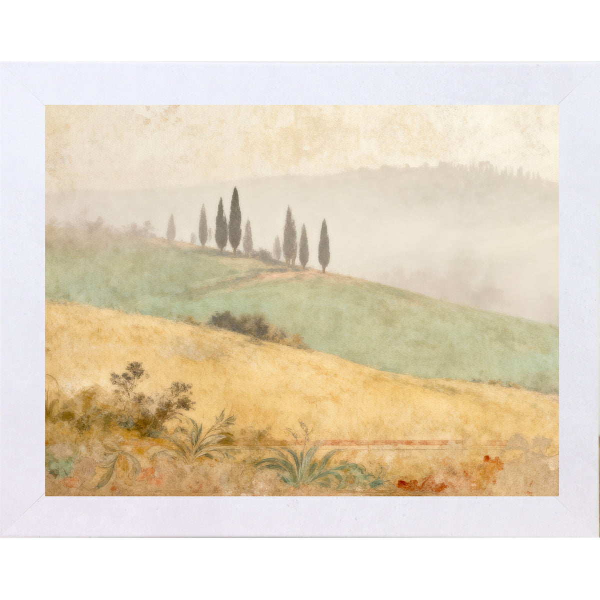 Tuscan Cypress Hills Wall Art – Misty Italian Landscape Fresco Watercolor Scenic Decor (SB219)