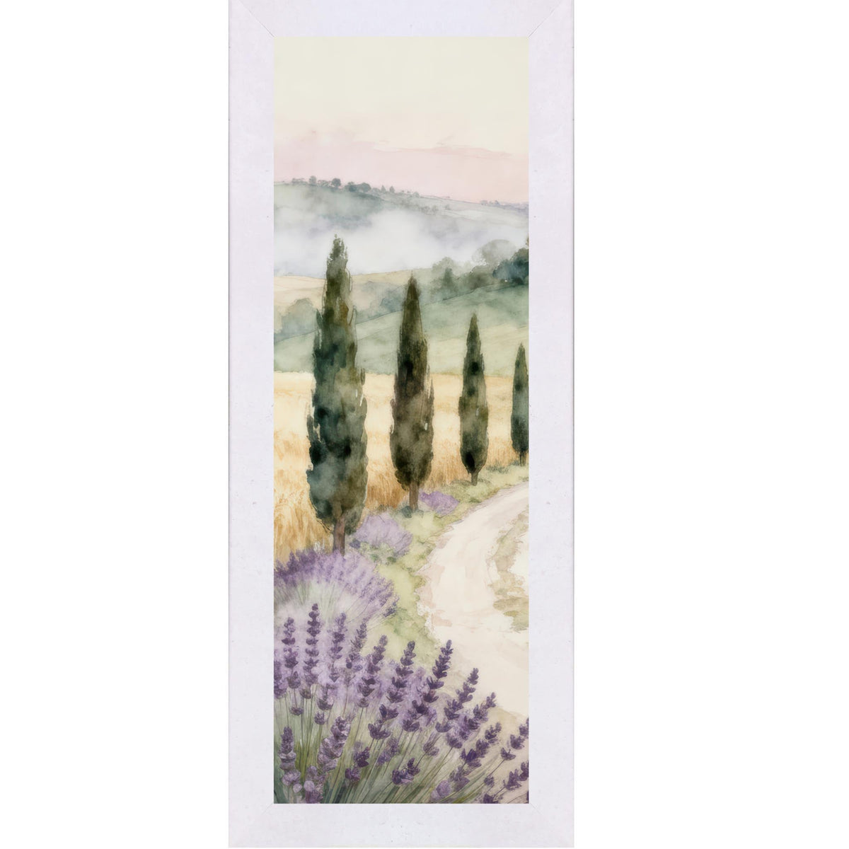 Tuscan Lavender Path Wall Art – Watercolor Cypress Trees Italian Countryside Narrow Portrait Decor (SB915)