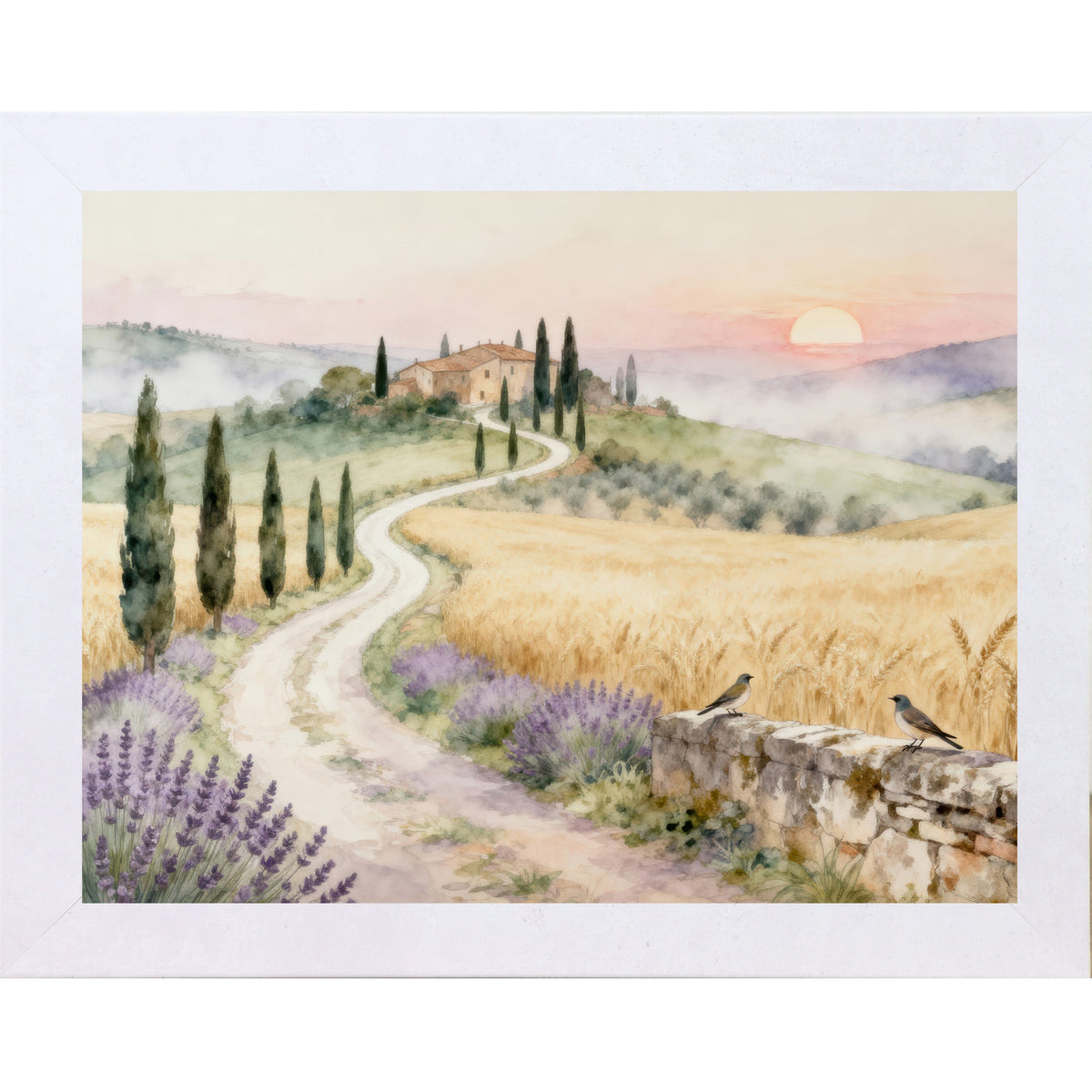 Tuscan Road to the Villa Wall Art – Watercolor Cypress Lavender Italian Sunrise Landscape (SB221)