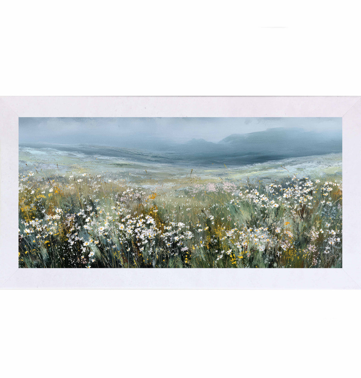 Wildflower Meadow Landscape Framed Wall Art – Watercolor Rolling Hills Floral Field Decor (SB752)