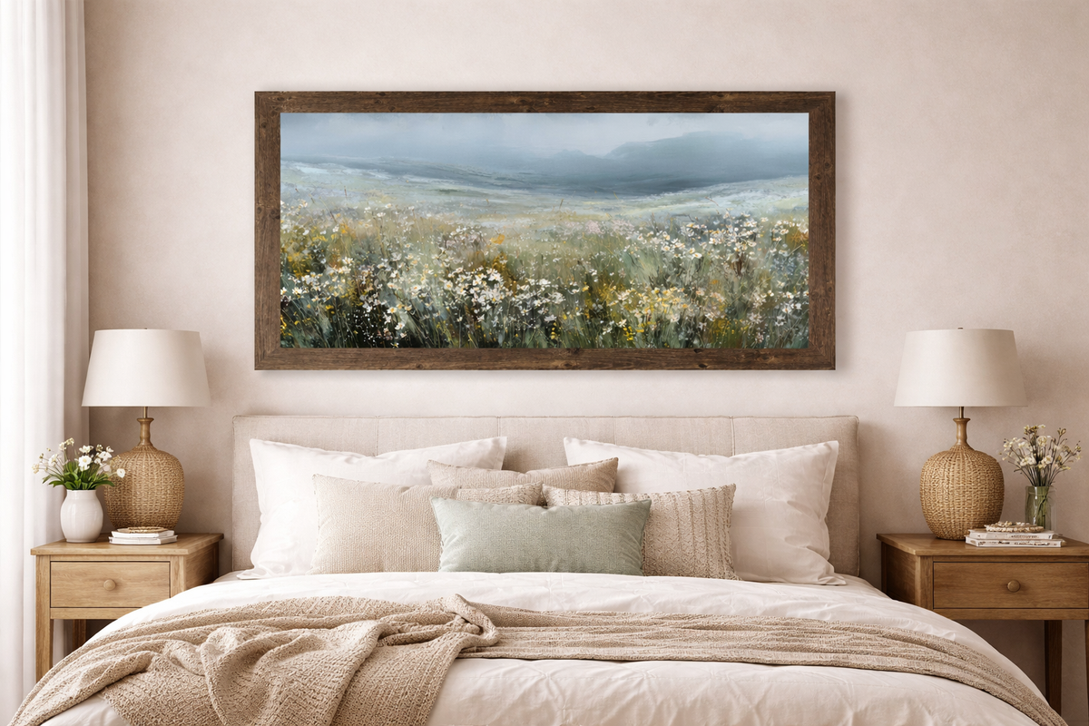 Wildflower Meadow Landscape Framed Wall Art – Watercolor Rolling Hills Floral Field Decor (SB752)