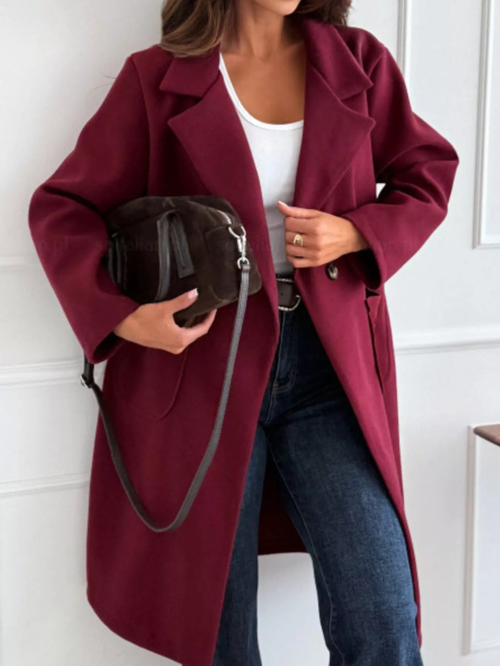 2XL Burgundy Long-Sleeve Single-Breasted Trench Coat
