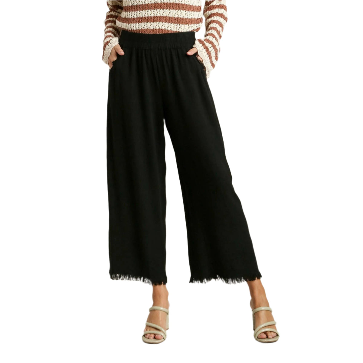 Black Linen Blend Elastic Waistband Wide Leg Pants